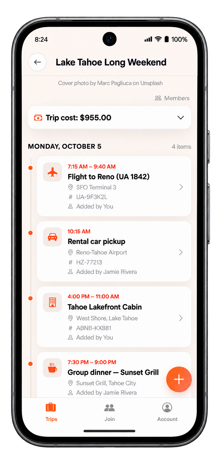 Trip Tracker shown on a phone, displaying a shared itinerary with a flight, a rental car pickup, lodging, and a group dinner, each added by a different trip member